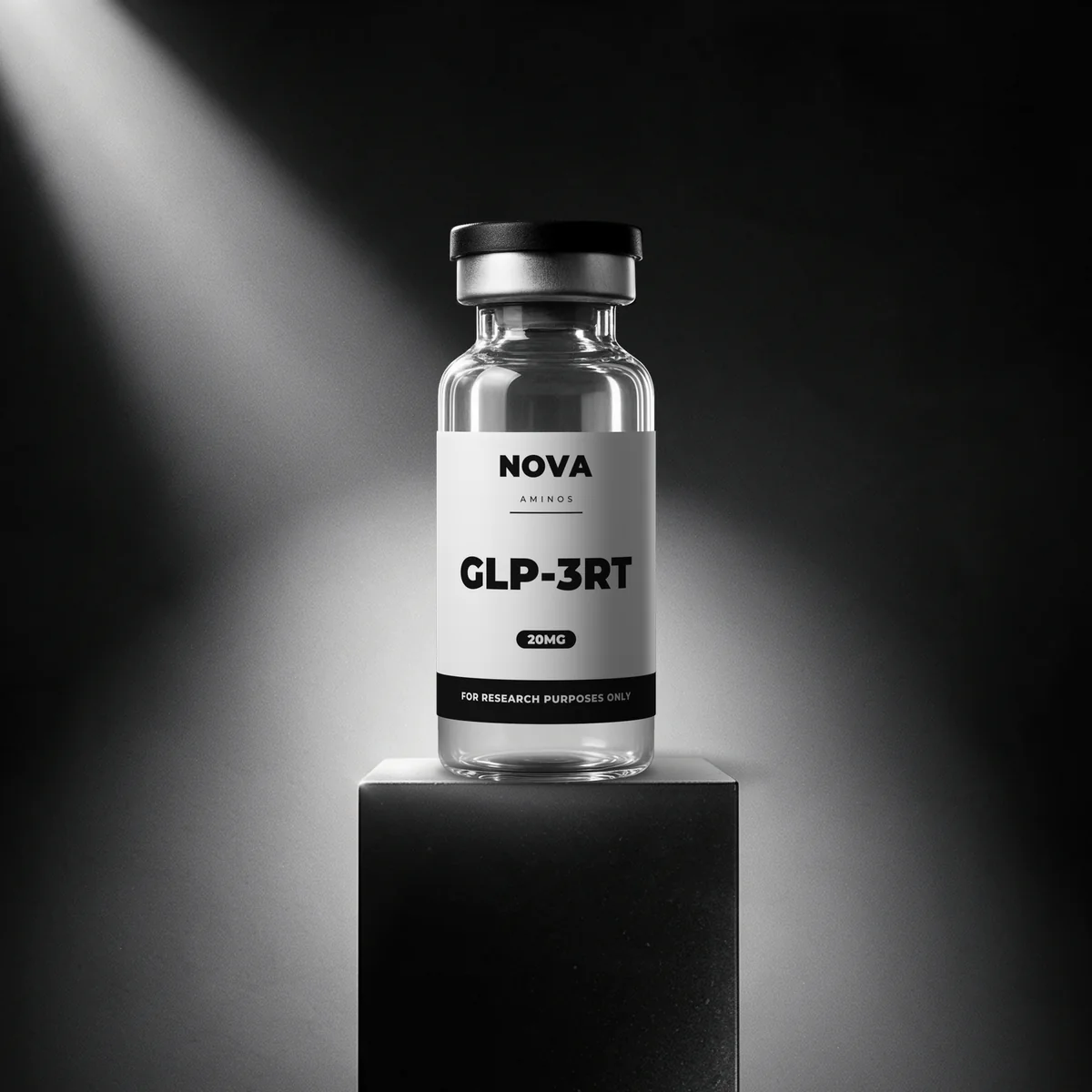 GLP-3RT 20mg research peptide vial, black and white